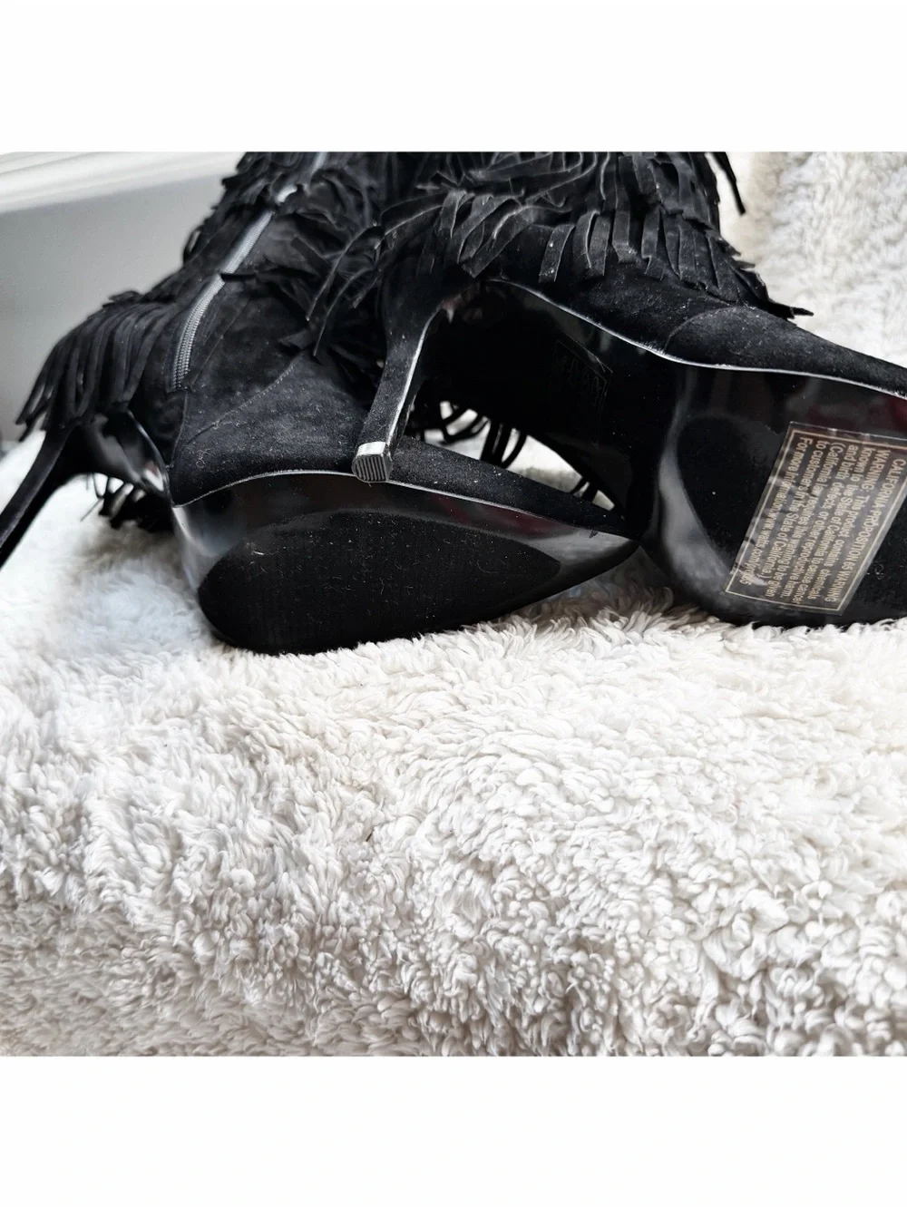 NWOT Black Fringe Stiletto Knee-High Boots
